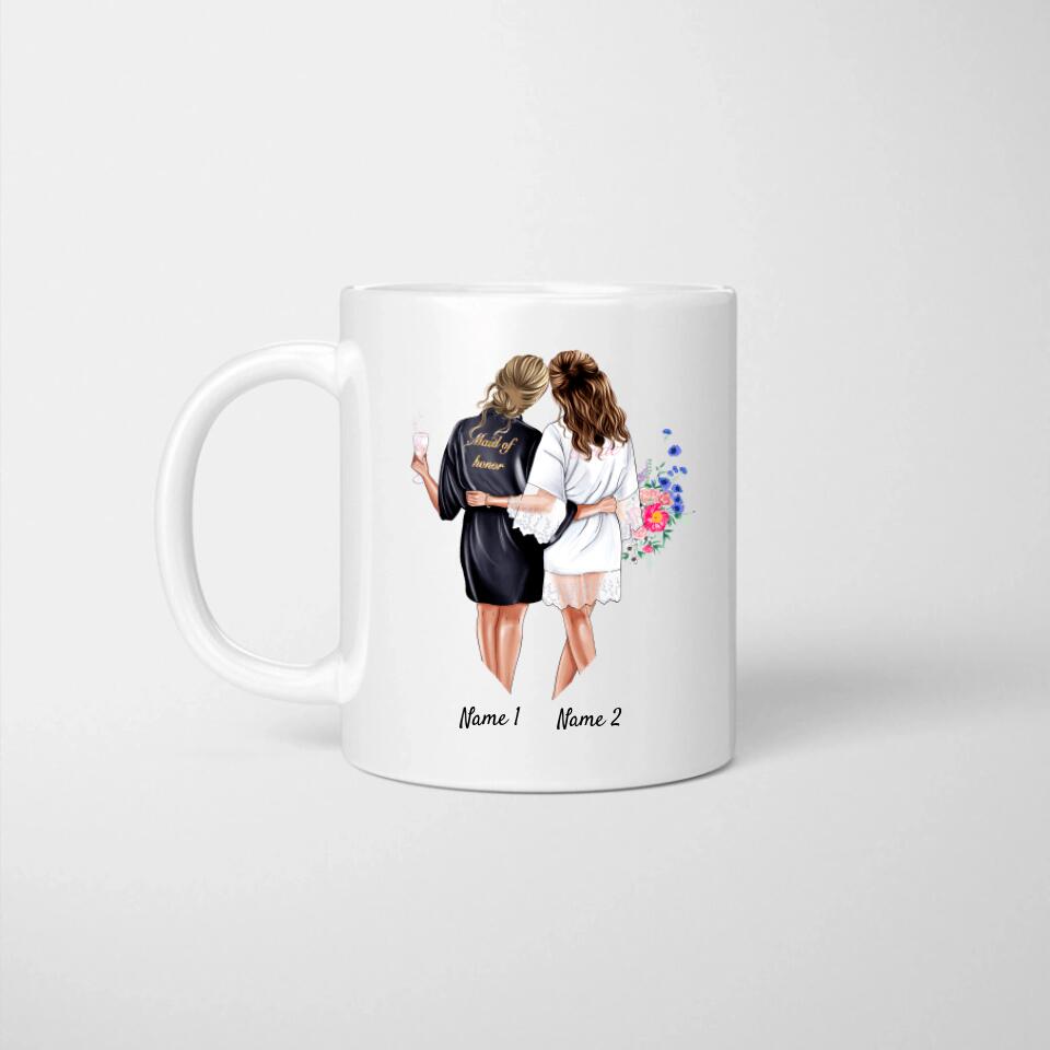 Bruid met Bruidsmeisje in Satijnen Jurken - Persoonlijke Verlovings / Bruiloft Mok
