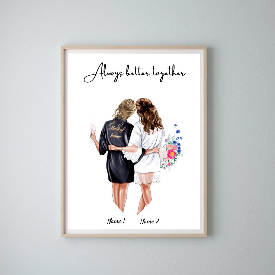 Bruid met Bruidsmeisje in Satijnen Jurken - Persoonlijke Verlovings/Bruiloft Poster