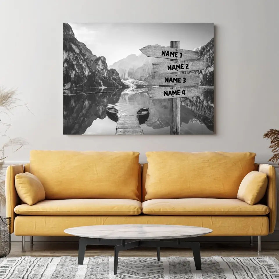 Onze favoriete plek - Gepersonaliseerd canvas met naam / wegwijzer (2 - 8 personen) zwart-wit