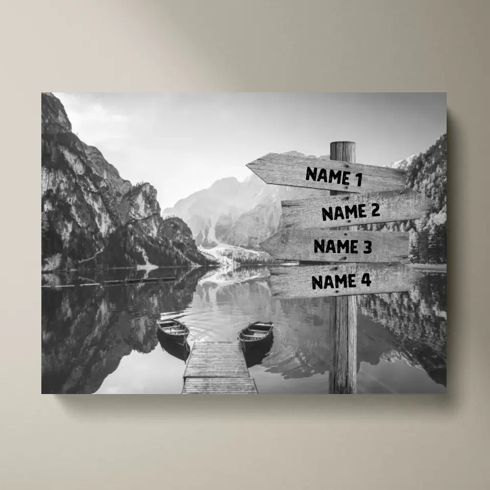 Onze favoriete plek - Gepersonaliseerd canvas met naam / wegwijzer (2 - 8 personen) zwart-wit