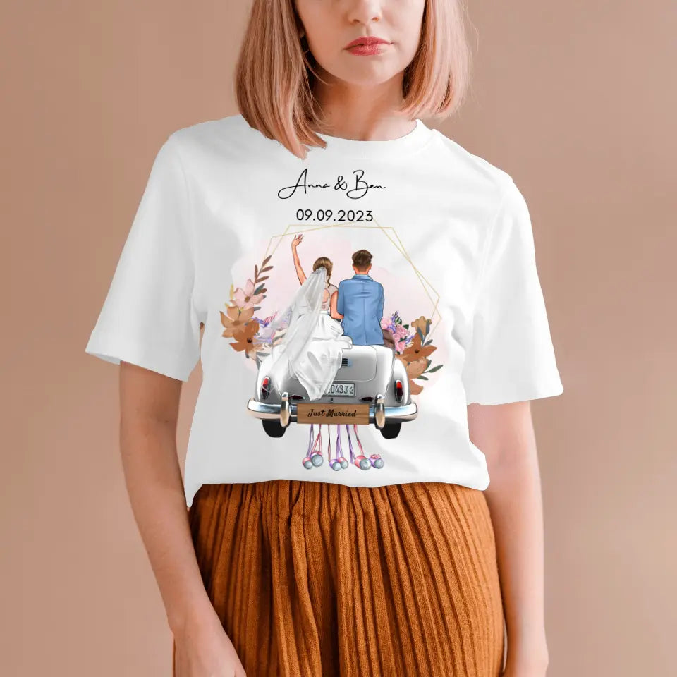 T-shirt personnalisé "Just Married" pour le mariage - Pour les jeunes mariés, la mariée et le marié, cadeau de mariage