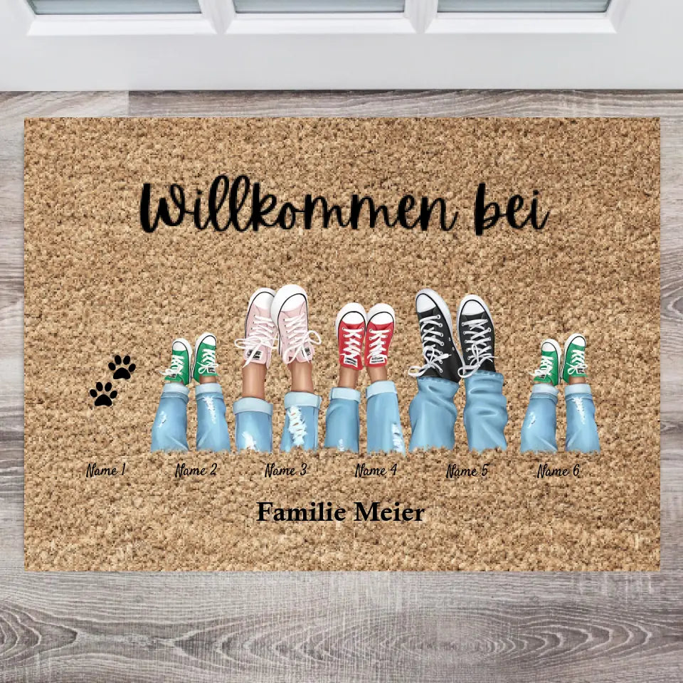Bienvenue dans notre famille - Paillasson familial personnalisé (2-8 personnes, enfants & animaux)
