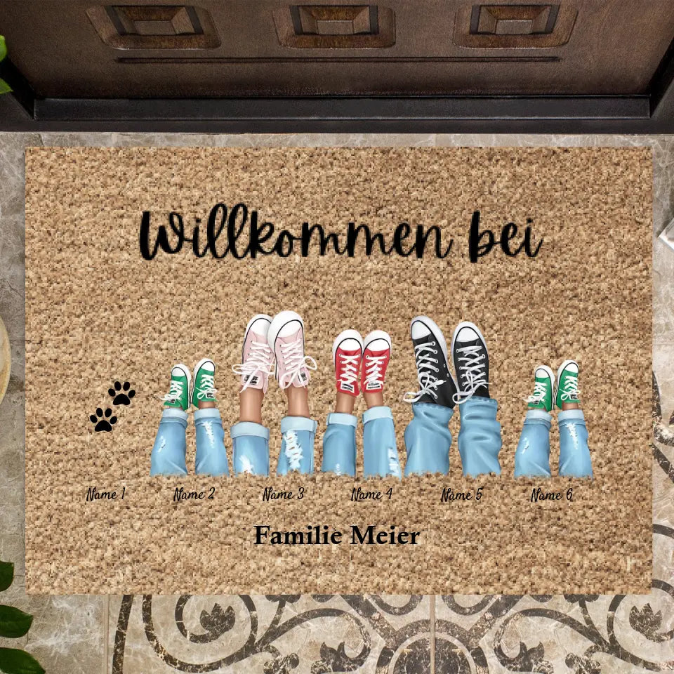 Bienvenue dans notre famille - Paillasson familial personnalisé (2-8 personnes, enfants & animaux)