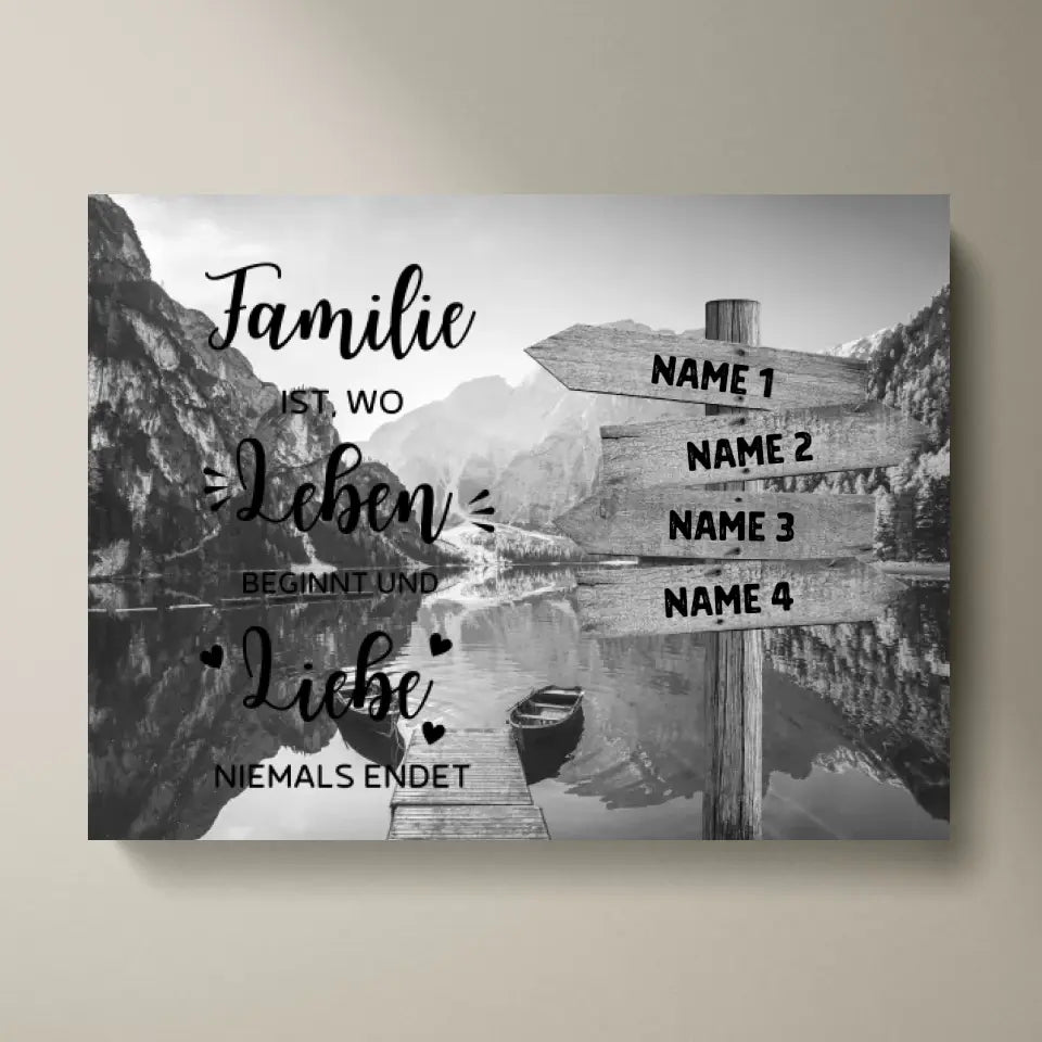 Familie is waar het leven begint - Gepersonaliseerd familiedoek met naam/wegwijzer (2 - 8 personen) zwart-wit