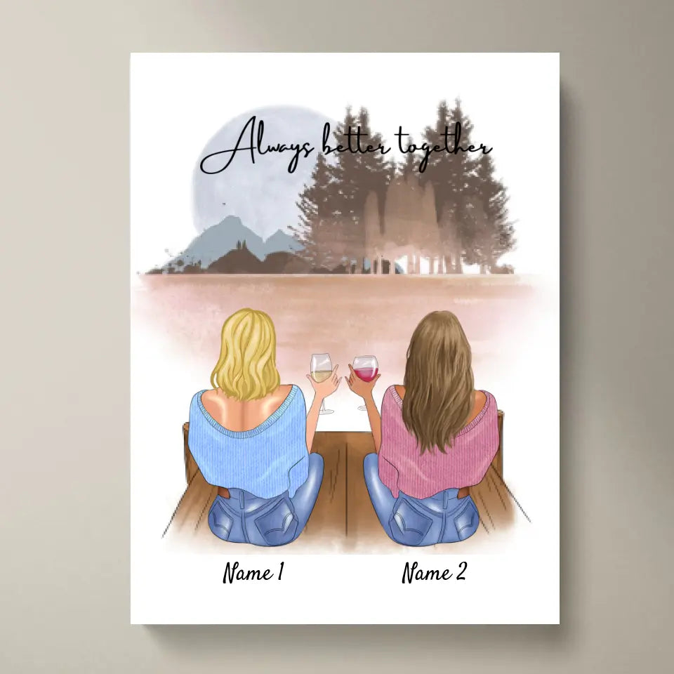 Meilleures amies/ sœurs avec boisson - Toile personnalisée (2-4 femmes)