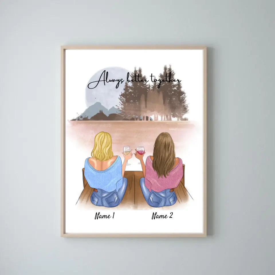 Meilleures amies/ sœurs avec boisson - Toile personnalisée (2-4 femmes)