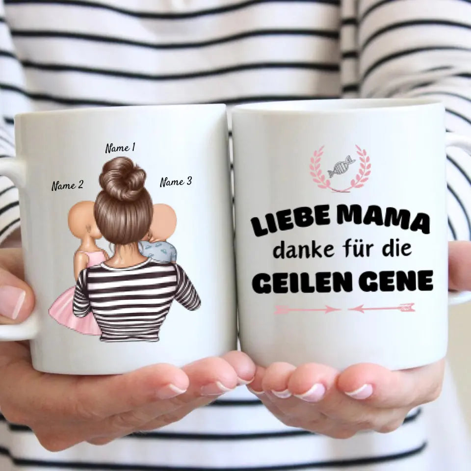 Chère maman, merci pour les super gènes - Mug personnalisé (1-4 enfants, Fête des Mères)