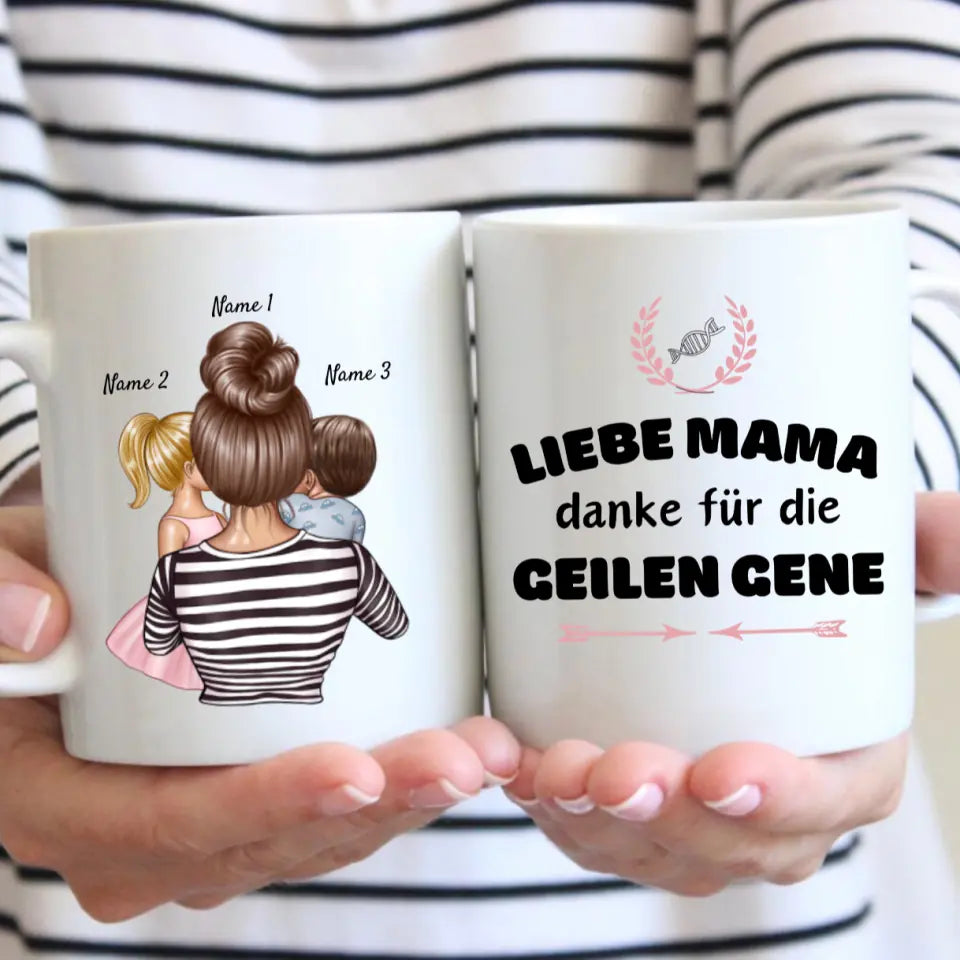 Chère maman, merci pour les super gènes - Mug personnalisé (1-4 enfants, Fête des Mères)