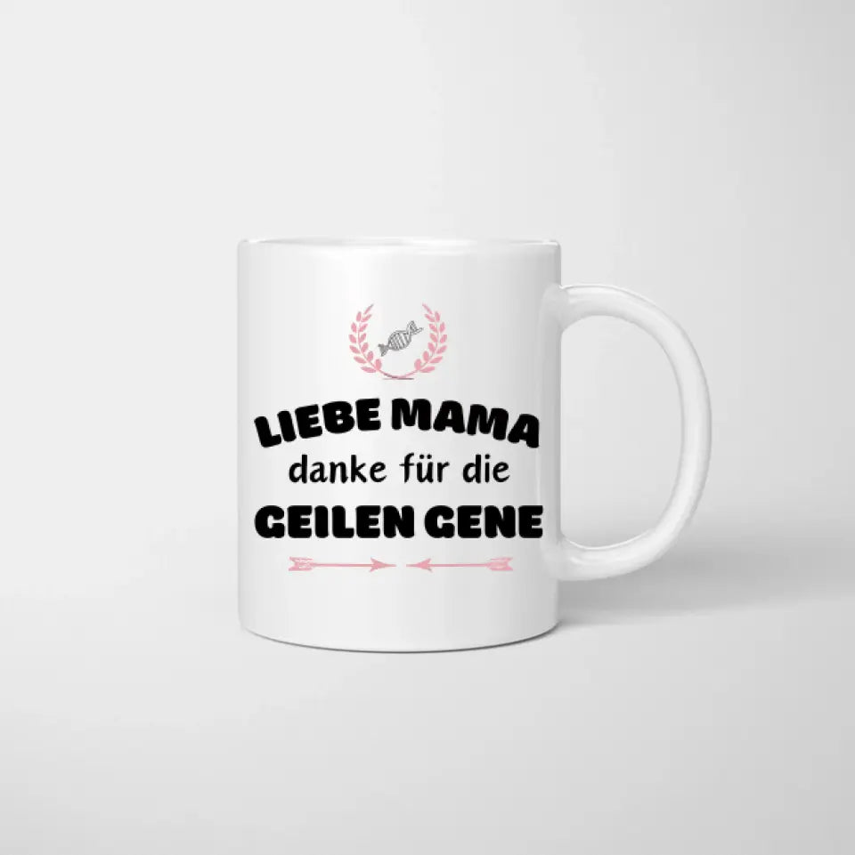 Chère maman, merci pour les super gènes - Mug personnalisé (1-4 enfants, Fête des Mères)