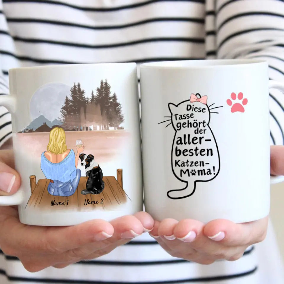Voor de beste kattenmama - Gepersonaliseerde mok (vrouw met kat of hond, Moederdag)