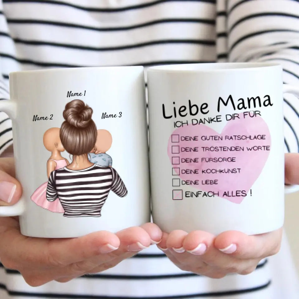 Beste moeder, bedankt voor alles checklist - gepersonaliseerde mok (1-4 kinderen, Moederdag)