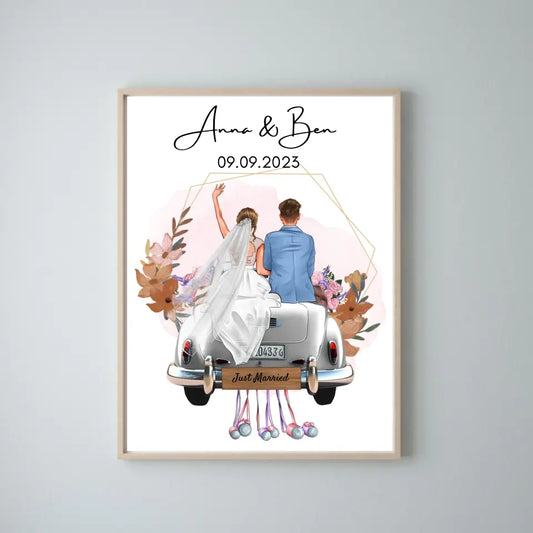 "Just Married" Gepersonaliseerde huwelijksposter - Voor getrouwde stellen, bruid & bruidegom, geldcadeau, huwelijkscadeau