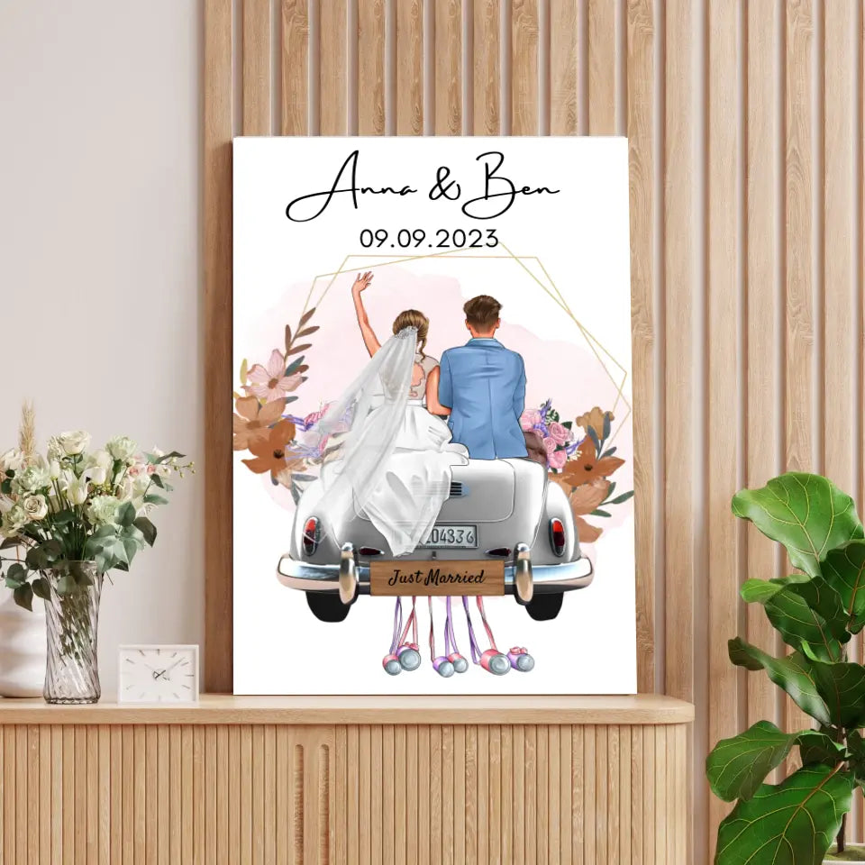 "Just Married" Toile personnalisée pour le mariage - Pour les couples mariés, fiancés & mariés, cadeau d'argent, cadeau de mariage