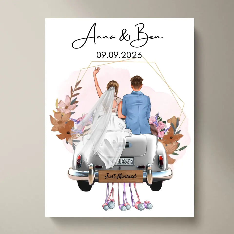 "Just Married" Toile personnalisée pour le mariage - Pour les couples mariés, fiancés & mariés, cadeau d'argent, cadeau de mariage