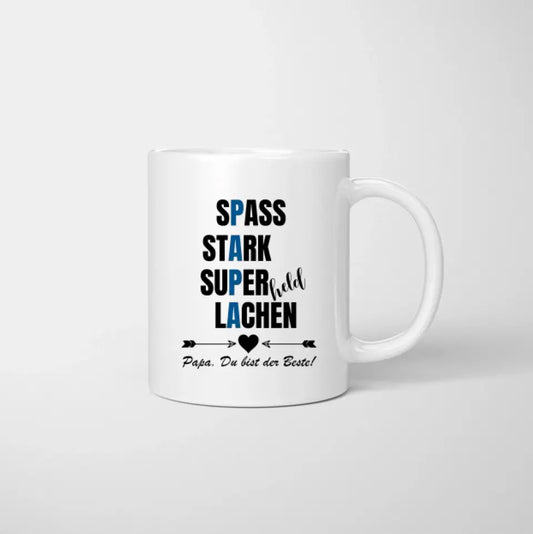 Mug Papa : Amusant, Fort, Super-Héros et Rire - Mug Personnalisé (Père avec 1-4 Enfants)