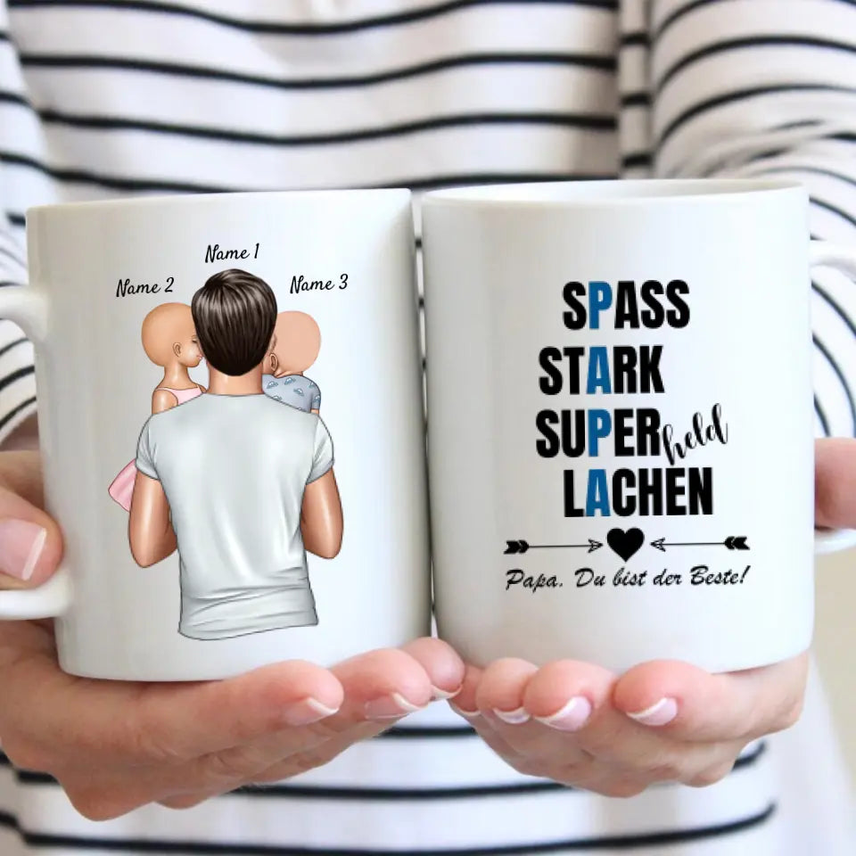 Mug Papa : Amusant, Fort, Super-Héros et Rire - Mug Personnalisé (Père avec 1-4 Enfants)