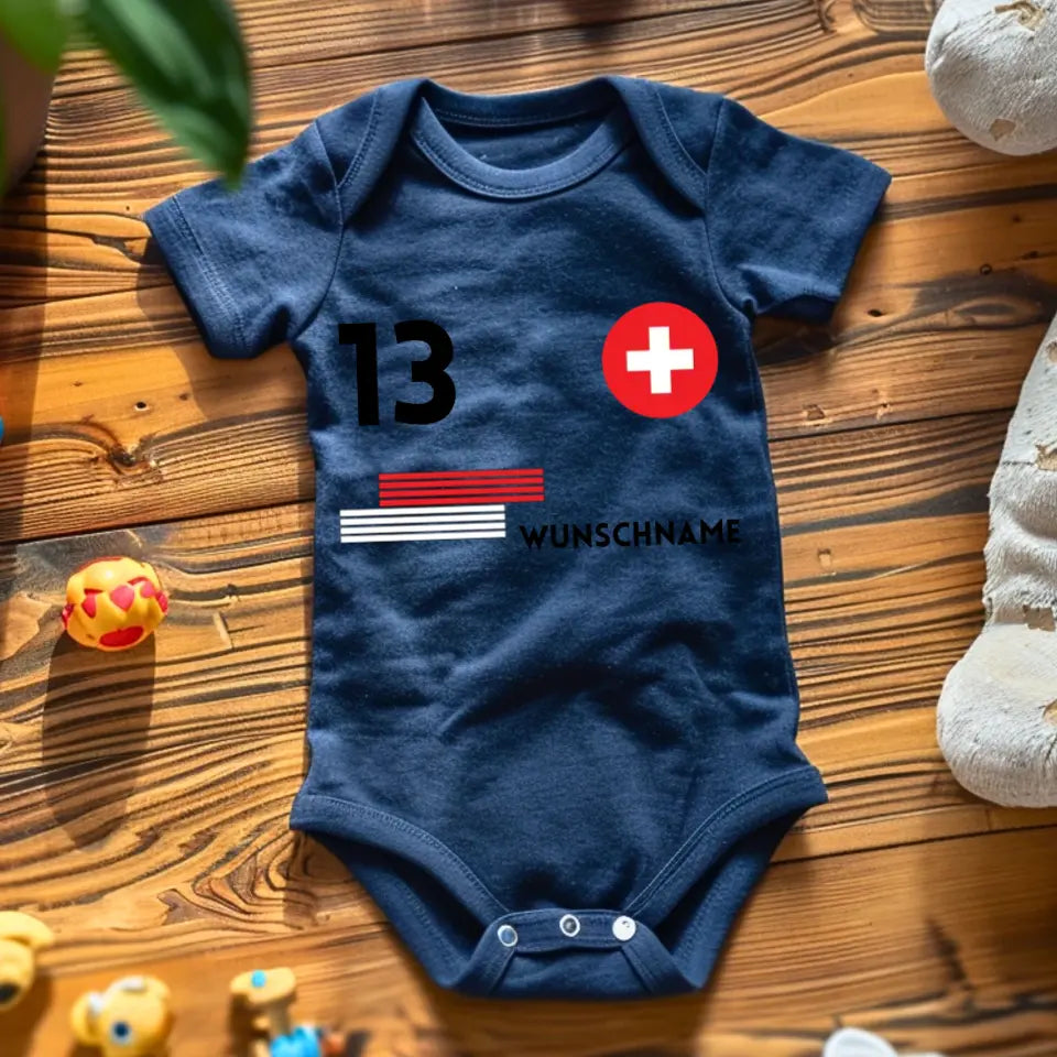 Suisse Football - Grenouillère bébé personnalisée, maillot avec nom et numéro de maillot personnalisables, body bébé 100 % coton biologique