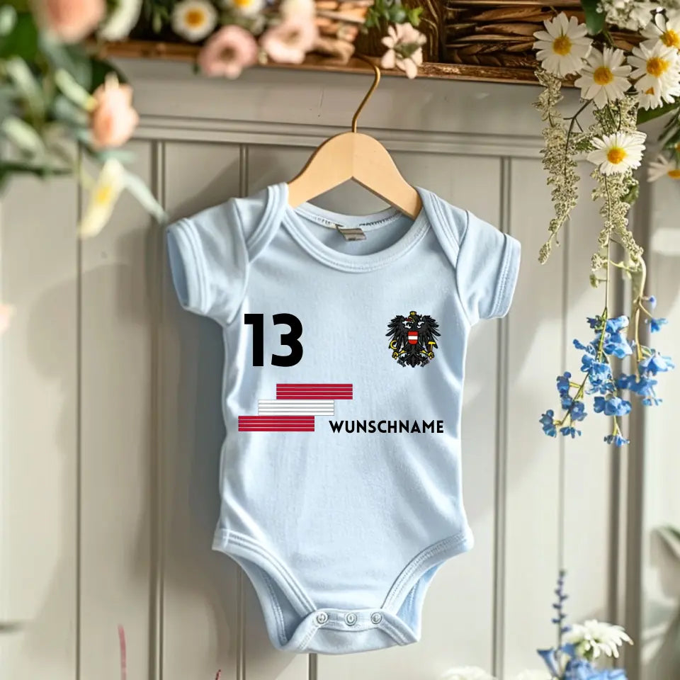 Voetbal Oostenrijk - Gepersonaliseerde baby-onesie/romper, WK-shirt met aanpasbare naam en rugnummer, 100% biologisch katoenen babybody