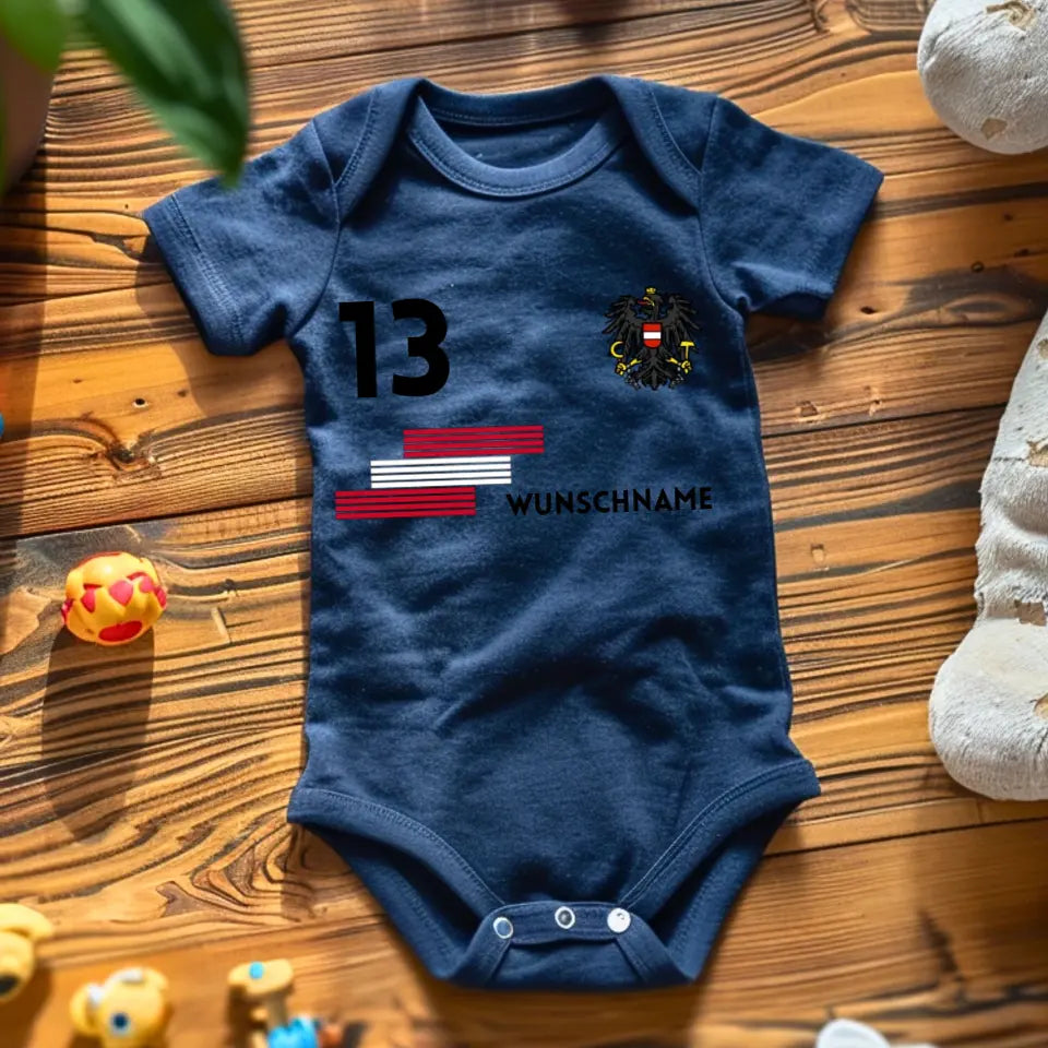 Football Autriche - Grenouillère bébé personnalisée, maillot avec nom et numéro personnalisables, body bébé 100 % coton biologique