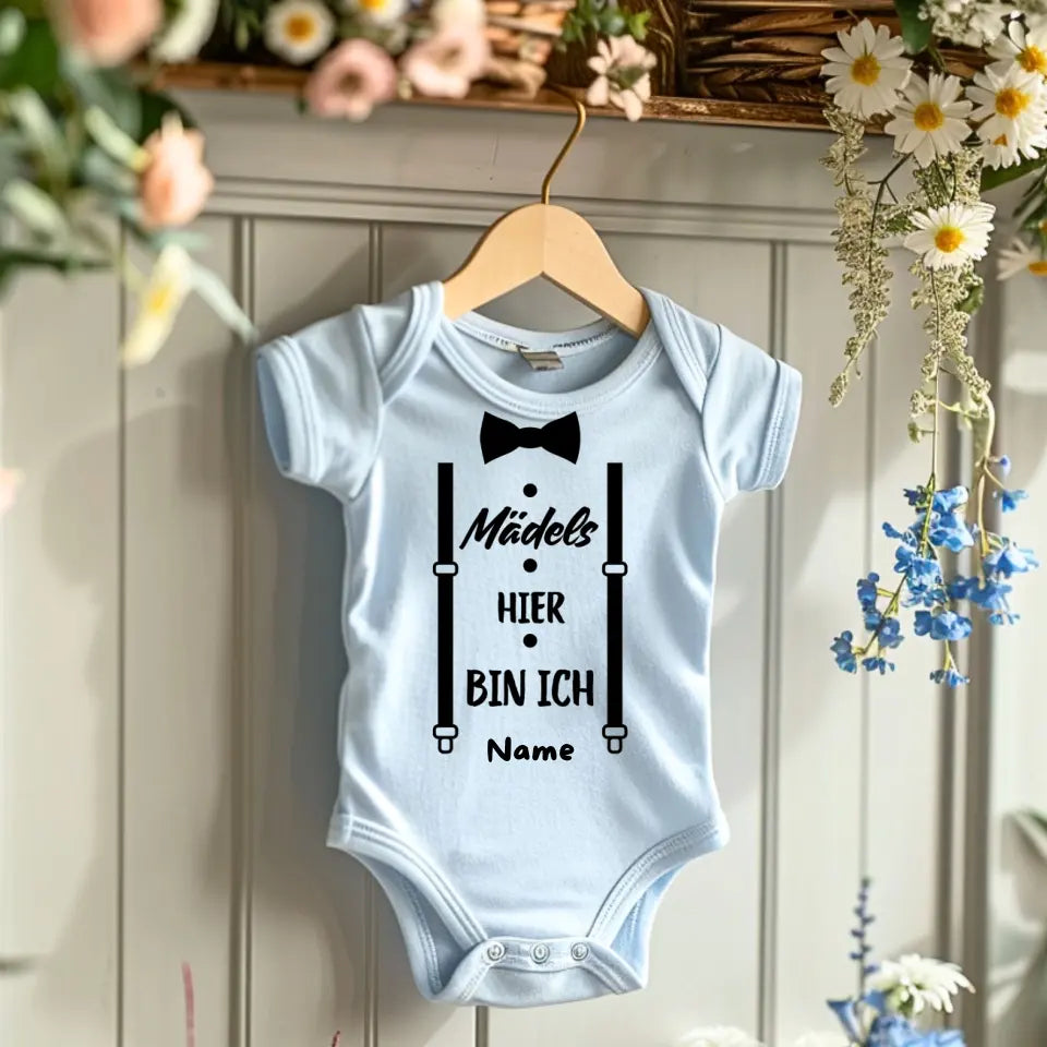 Meisjes hier ben ik - gepersonaliseerde baby onesie/romper, grappige bodysuit voor zonen, 100% biologisch katoen