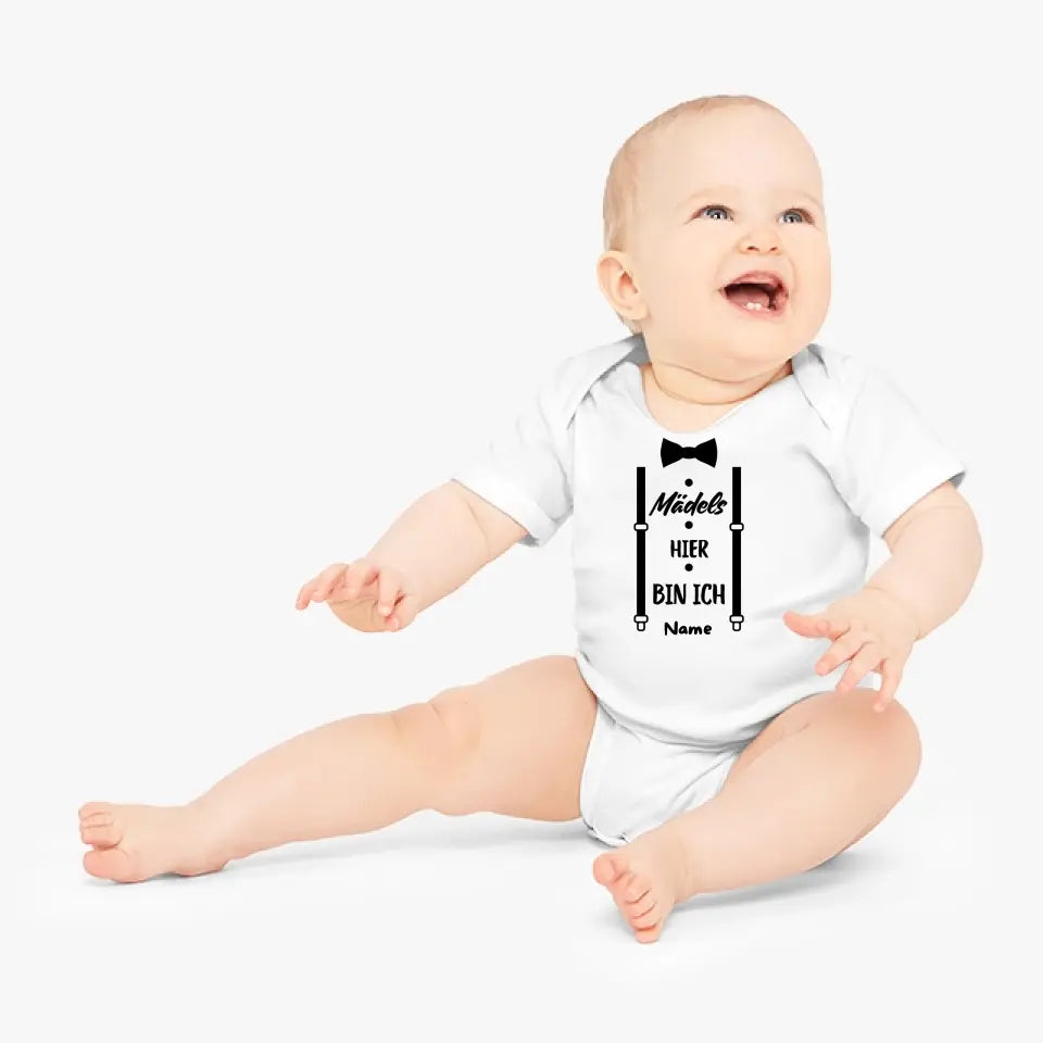 Meisjes hier ben ik - gepersonaliseerde baby onesie/romper, grappige bodysuit voor zonen, 100% biologisch katoen