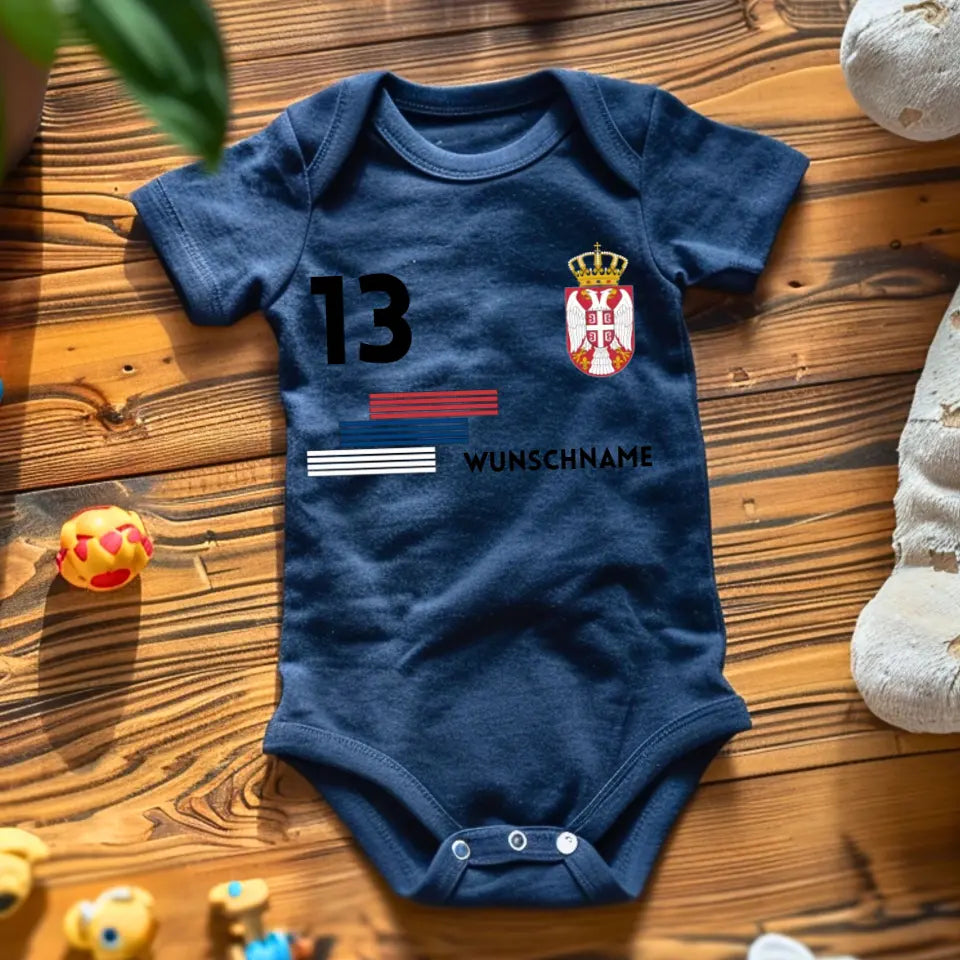 Football Serbie - Grenouillère bébé personnalisée, maillot avec nom et numéro personnalisables, body bébé 100 % coton biologique