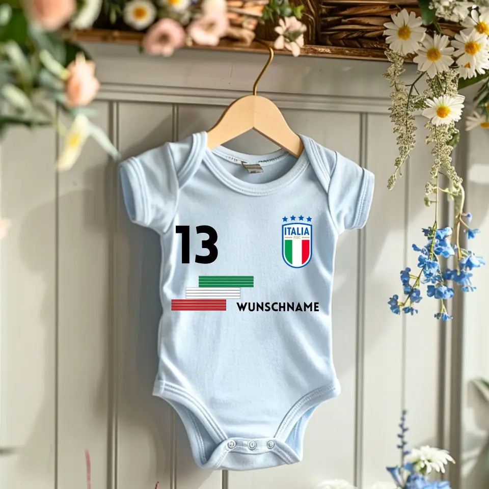 Voetbal Italië - Gepersonaliseerd baby rompertje/rompertje, shirt met aanpasbare naam en nummer, babyrompertje van 100% biologisch katoen
