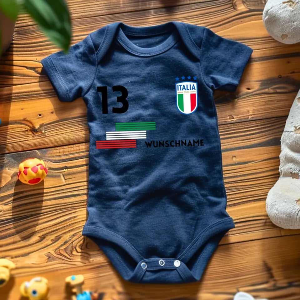 Voetbal Italië - Gepersonaliseerd baby rompertje/rompertje, shirt met aanpasbare naam en nummer, babyrompertje van 100% biologisch katoen