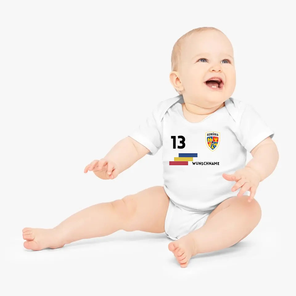 Voetbal Roemenië - Gepersonaliseerd baby rompertje/rompertje, shirt met aanpasbare naam en nummer, babyrompertje van 100% biologisch katoen