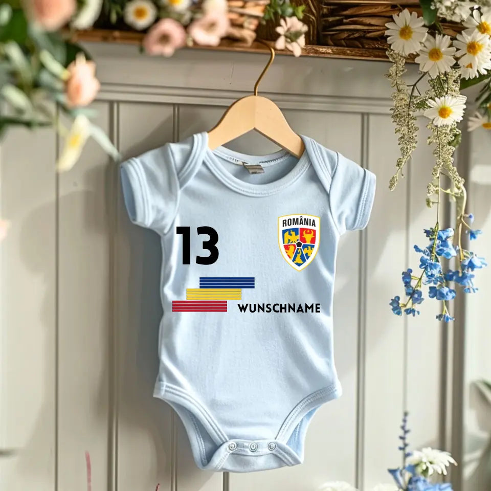 Voetbal Roemenië - Gepersonaliseerd baby rompertje/rompertje, shirt met aanpasbare naam en nummer, babyrompertje van 100% biologisch katoen