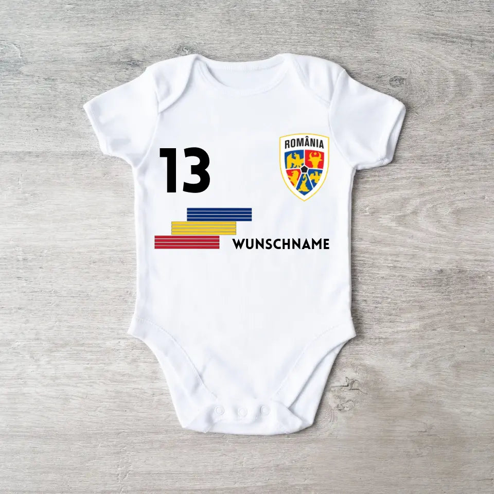 Voetbal Roemenië - Gepersonaliseerd baby rompertje/rompertje, shirt met aanpasbare naam en nummer, babyrompertje van 100% biologisch katoen