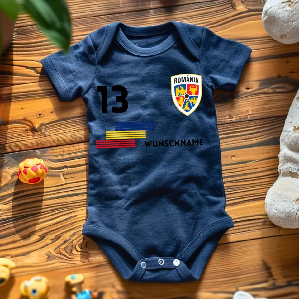 Voetbal Roemenië - Gepersonaliseerd baby rompertje/rompertje, shirt met aanpasbare naam en nummer, babyrompertje van 100% biologisch katoen