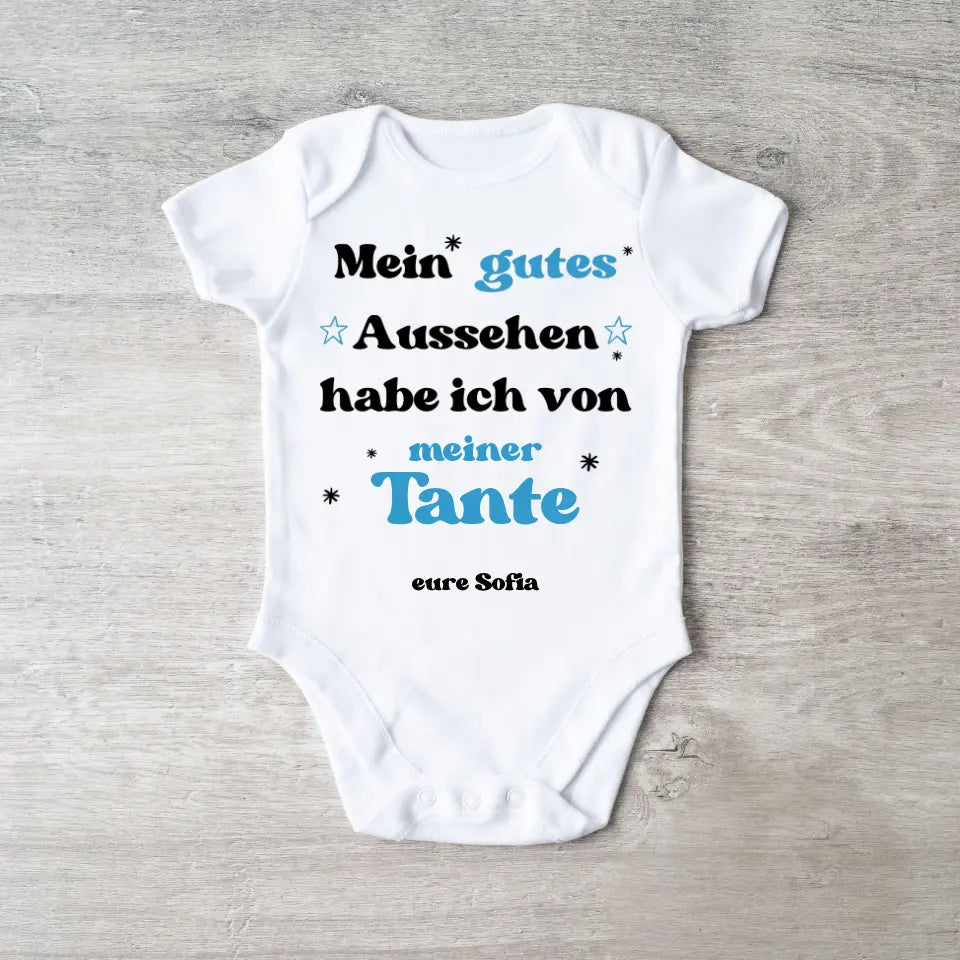 Ik kreeg mijn goede uiterlijk van mijn tante - gepersonaliseerde baby onesie/romper, geboorteoom, tante, oma, opa, bodysuit van 100% biologisch katoen