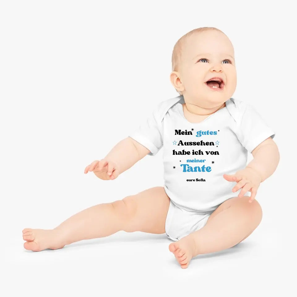 Ik kreeg mijn goede uiterlijk van mijn tante - gepersonaliseerde baby onesie/romper, geboorteoom, tante, oma, opa, bodysuit van 100% biologisch katoen