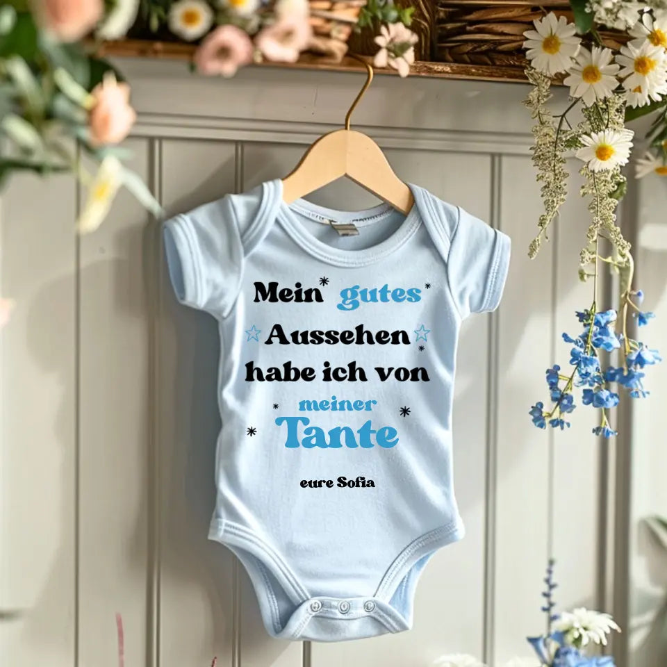 Ik kreeg mijn goede uiterlijk van mijn tante - gepersonaliseerde baby onesie/romper, geboorteoom, tante, oma, opa, bodysuit van 100% biologisch katoen