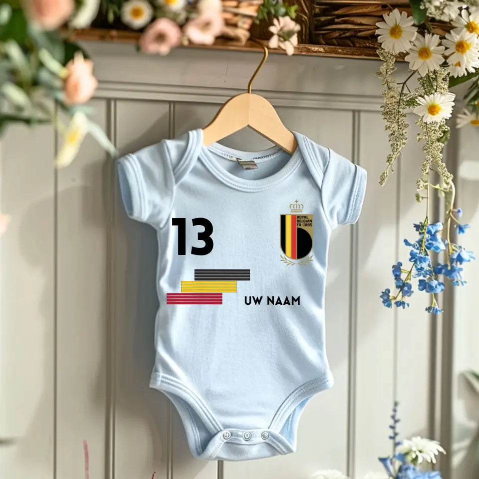 Maillot de football de la Belgique - Barboteuse bébé personnalisée avec nom et numéro de tapis, 100% coton biologique