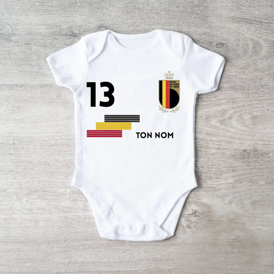 Maillot de foot Belge - Body bébé personnalisé avec nom et numéro de maillot personnalisé, 100% coton bio