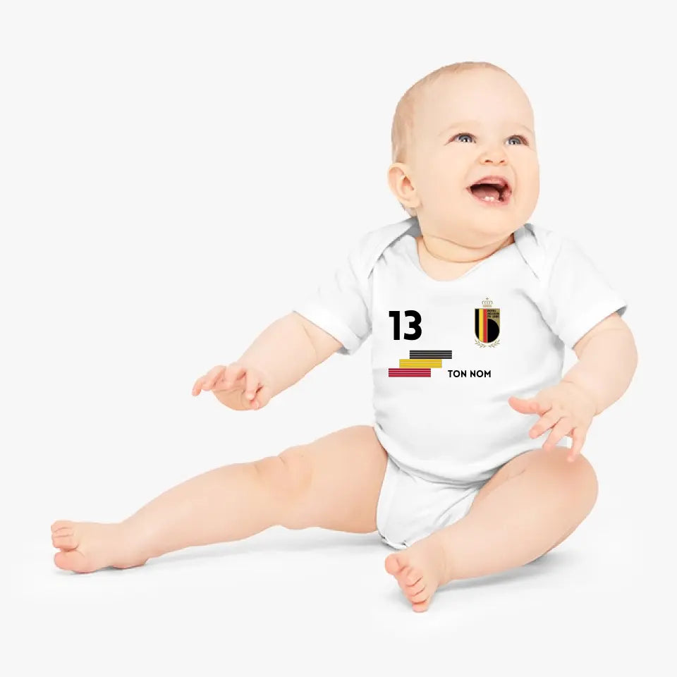 Maillot de foot Belge - Body bébé personnalisé avec nom et numéro de maillot personnalisé, 100% coton bio