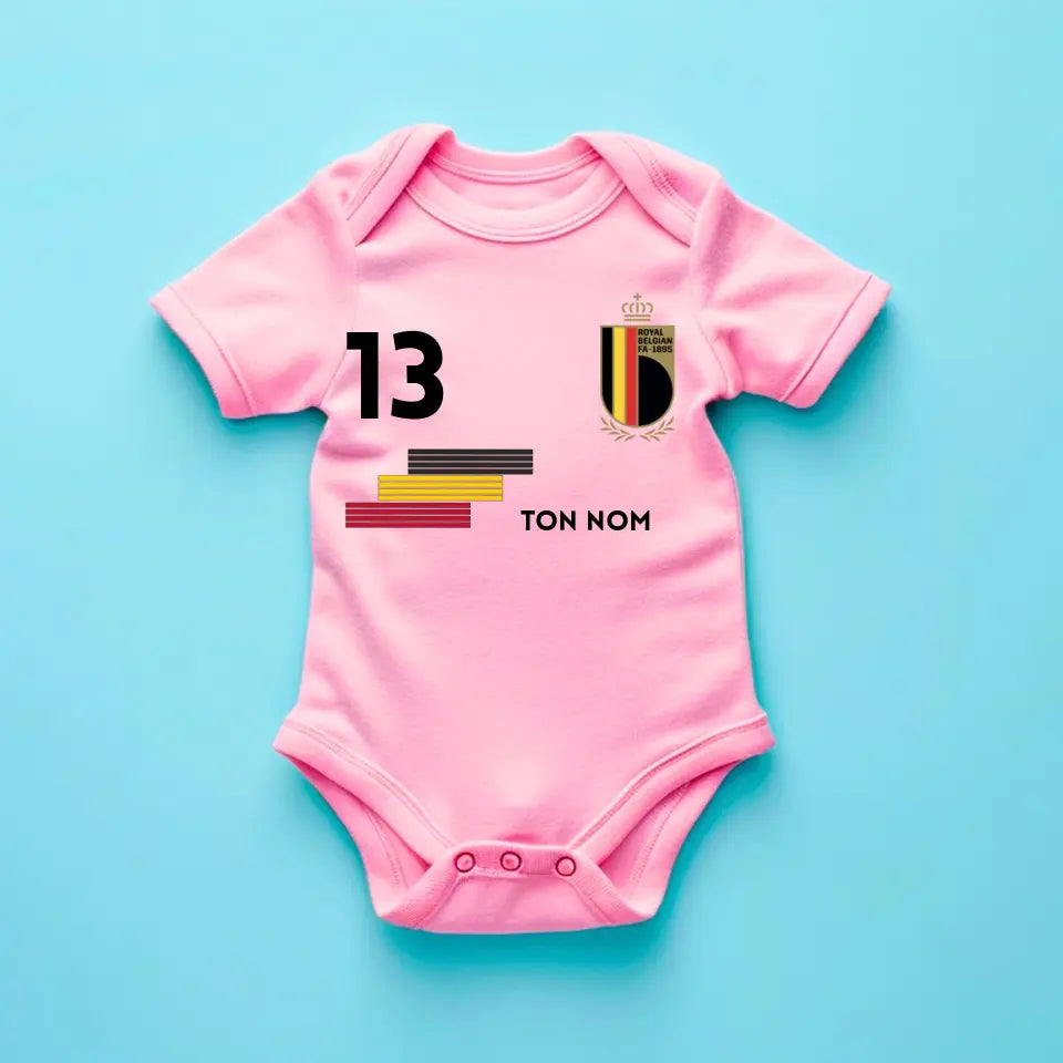 Maillot de foot Belge - Body bébé personnalisé avec nom et numéro de maillot personnalisé, 100% coton bio