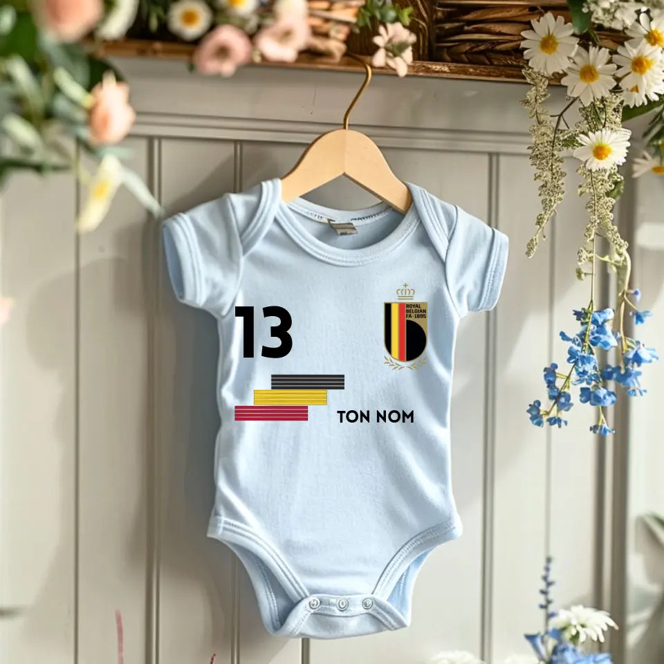 Maillot de foot Belge - Body bébé personnalisé avec nom et numéro de maillot personnalisé, 100% coton bio