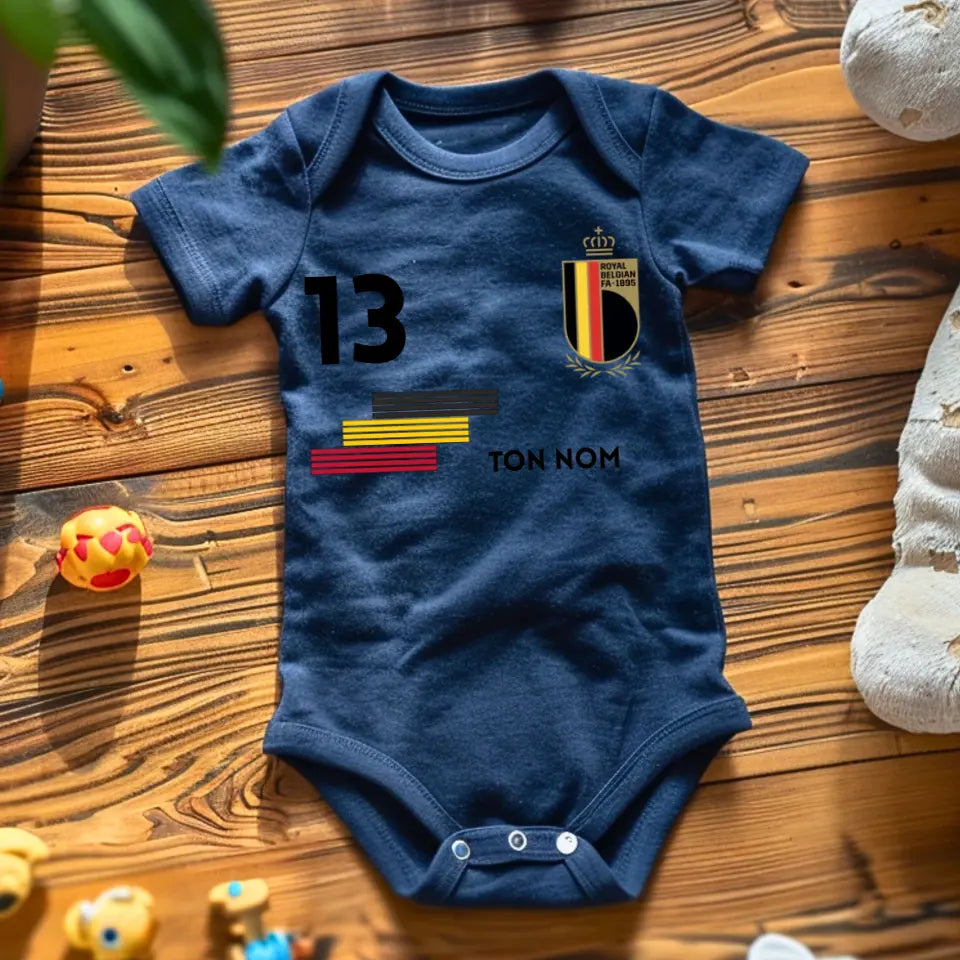 Maillot de foot Belge - Body bébé personnalisé avec nom et numéro de maillot personnalisé, 100% coton bio