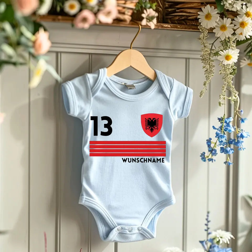 Voetbal Albanië - Gepersonaliseerd baby rompertje/rompertje, shirt met aanpasbare naam en nummer, babyrompertje van 100% biologisch katoen