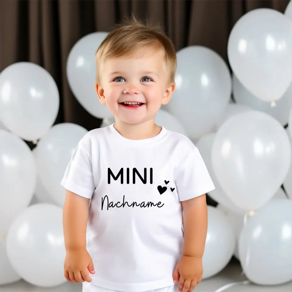 Mini-achternaam - gepersonaliseerd baby-T-shirt, 100% biologisch katoen