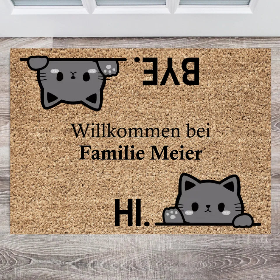Paillasson personnalisé, Bienvenue dans notre famille, Les chats mignons disent bonjour et au revoir