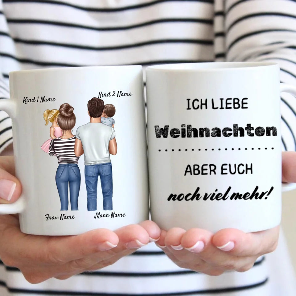 Mug familial personnalisé "J'aime Noël, mais toi encore plus" (parents, 1-4 enfants)
