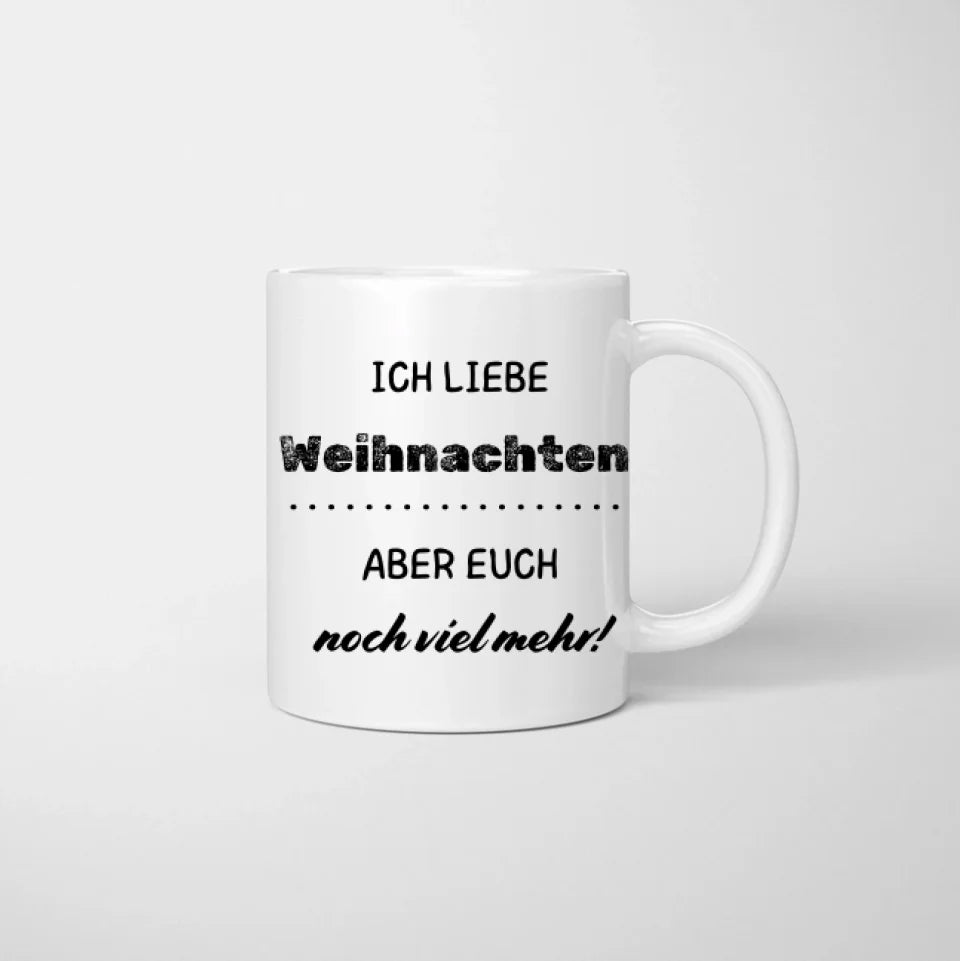 Mug familial personnalisé "J'aime Noël, mais toi encore plus" (parents, 1-4 enfants)