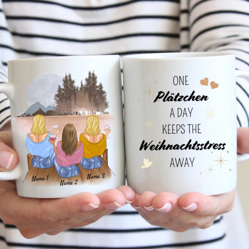 Un biscuit par jour éloigne le stress de Noël - Mug personnalisé pour amis et collègues (2-4 personnes)