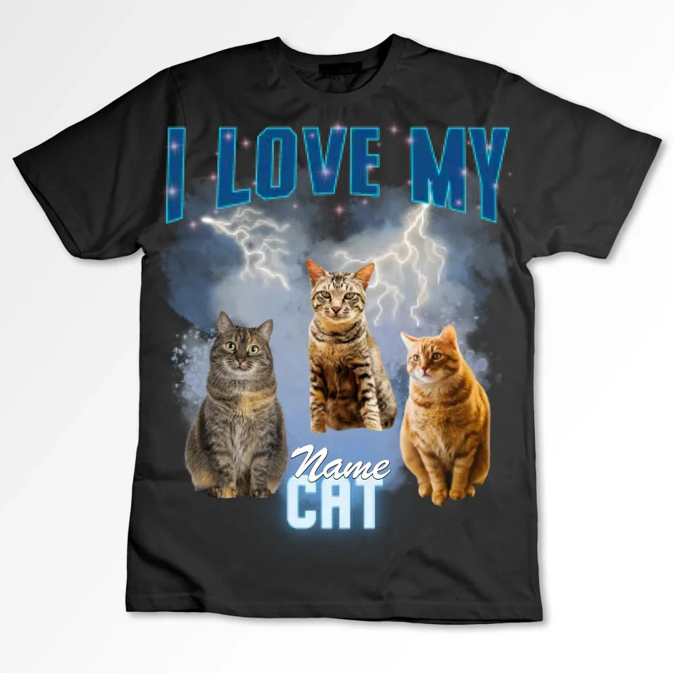 J'aime mon chat vintage des années 90 - T-shirt photo personnalisé (100% coton, unisexe)