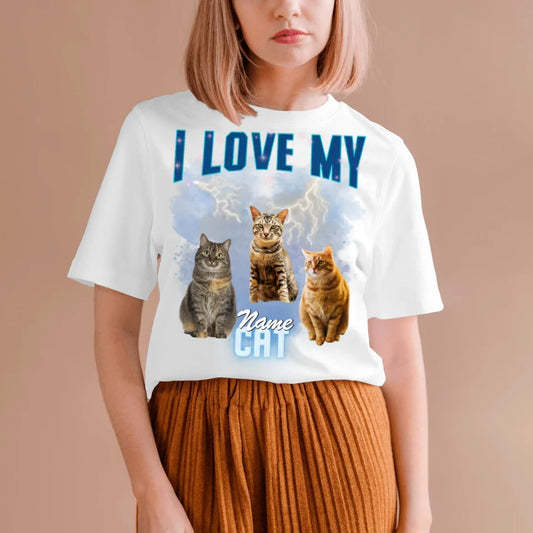 J'aime mon chat vintage des années 90 - T-shirt photo personnalisé (100% coton, unisexe)