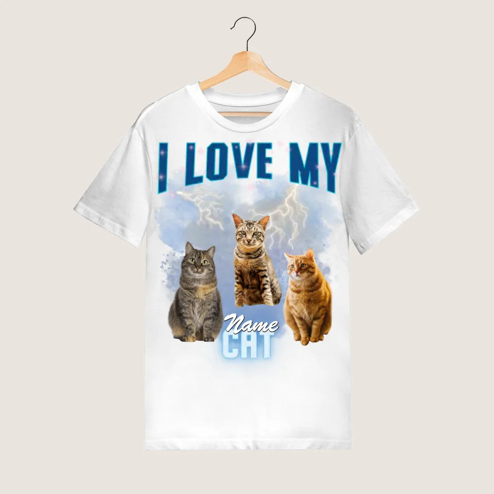 J'aime mon chat vintage des années 90 - T-shirt photo personnalisé (100% coton, unisexe)